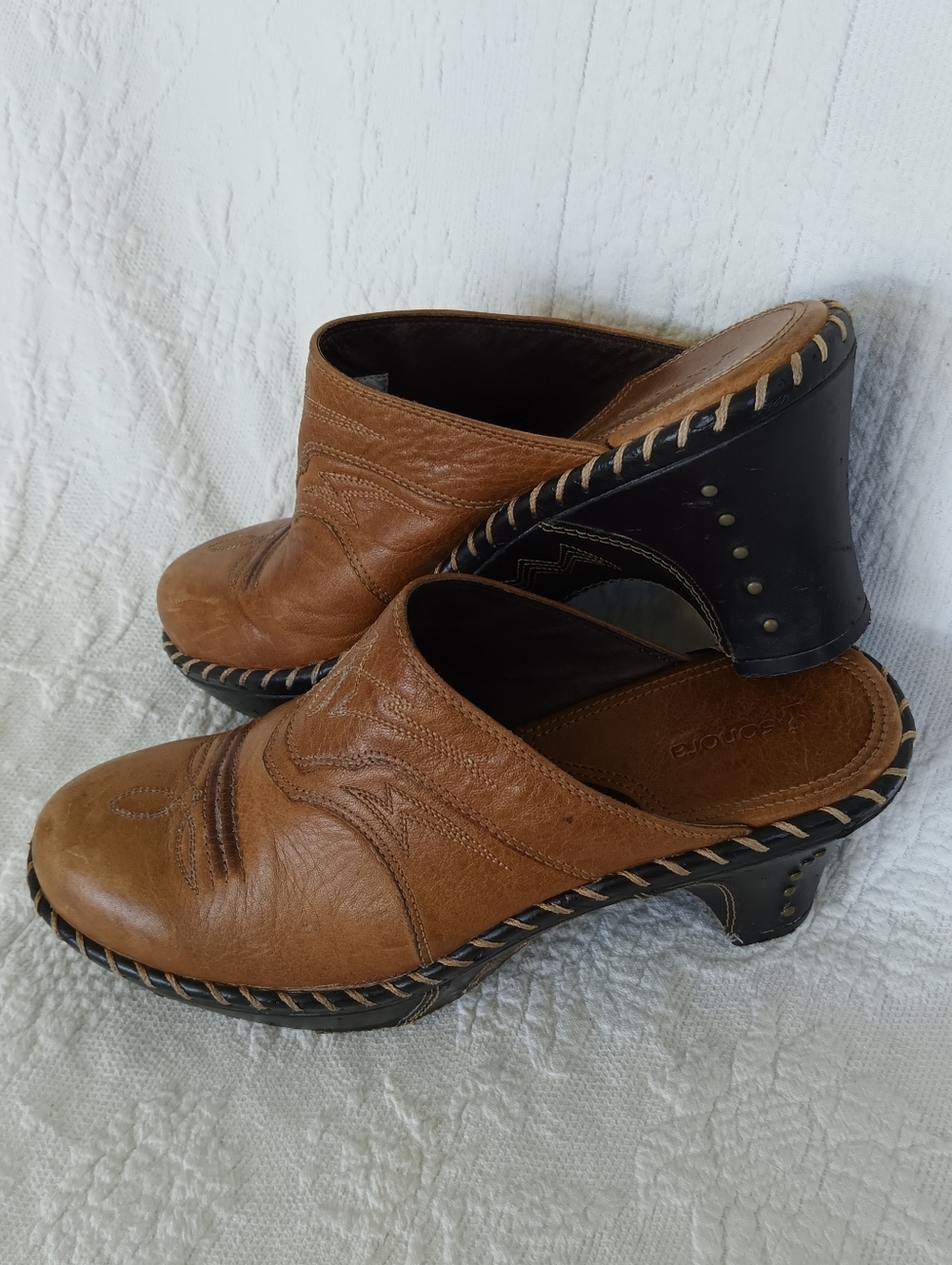 Sonora Tan Leather Slip On Clog Mule Western Cowgirl Chunky Heel Embroidery - Picture 16 of 16